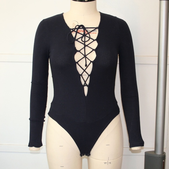 Navy Rib Bodysuit with Laced Front Bodice - Picture 4 of 8